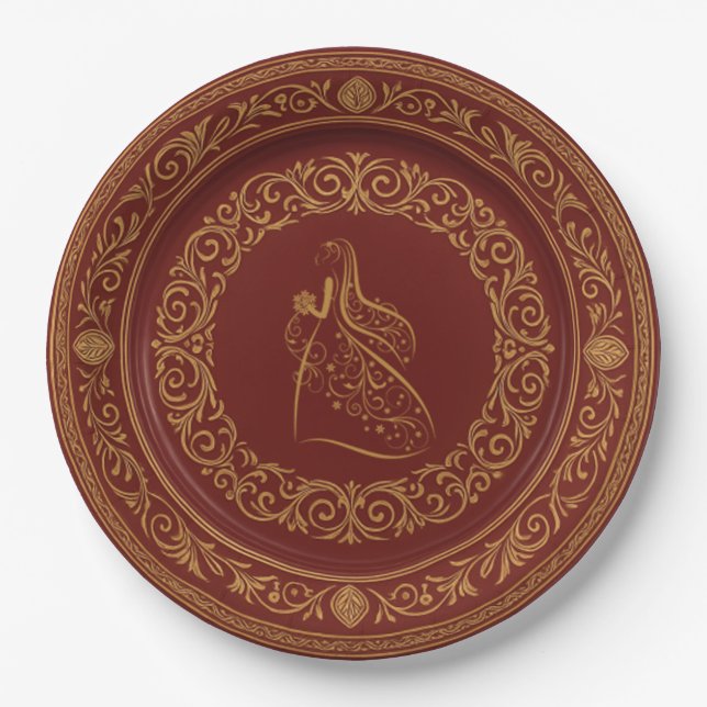 Plato De Papel Regal Ruby & Gold Scroll Plate (Anverso)