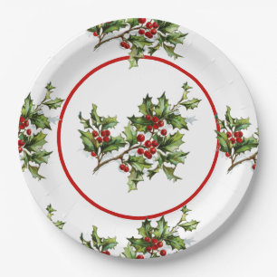 Plato De Papel Regalo con estilo retro de Navidad Holly