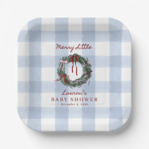 Plato De Papel Regalo de Baby Shower Azul a Cuadros Merry Little