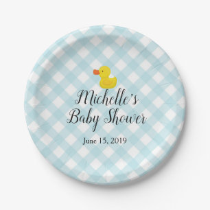 Plato De Papel Regalo de Baby Shower Pato de Goma a Cuadros Azule