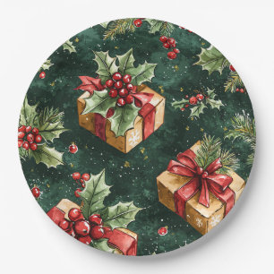 Plato De Papel Regalo de Kraft Verde Bosque Navidad Holly