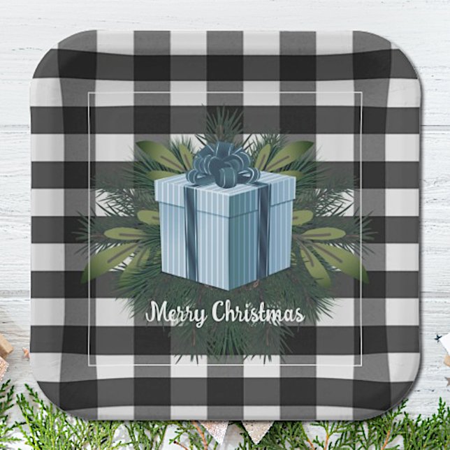 Plato De Papel Regalo de los Navidades de Buffalo Plaid | Azul (Blue Buffalo Plaid Christmas Gift Paper Plates)