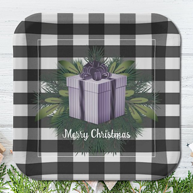 Plato De Papel Regalo de los Navidades de Buffalo Plaid | Púrpura (Purple Buffalo Plaid Christmas Gift Paper Plates)