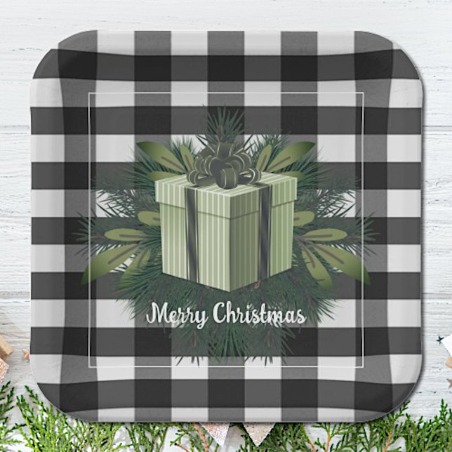 Plato De Papel Regalo de los Navidades de Buffalo Plaid | Verde (Green Buffalo Plaid Christmas Gift Paper Plates)