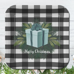 Plato De Papel Regalo de los Navidades de Buffalo Plaid   VERDE A
