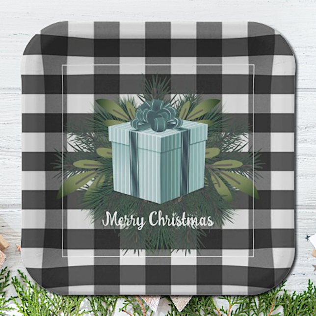 Plato De Papel Regalo de los Navidades de Buffalo Plaid | VERDE A (Teal Buffalo Plaid Christmas Gift Paper Plates)