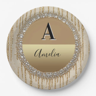 Plato De Papel Regalo de Monograma de Oro Personalizado para Boda