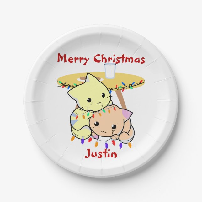 Plato De Papel Regalo de navidades de gato, nombre personalizado (Anverso)