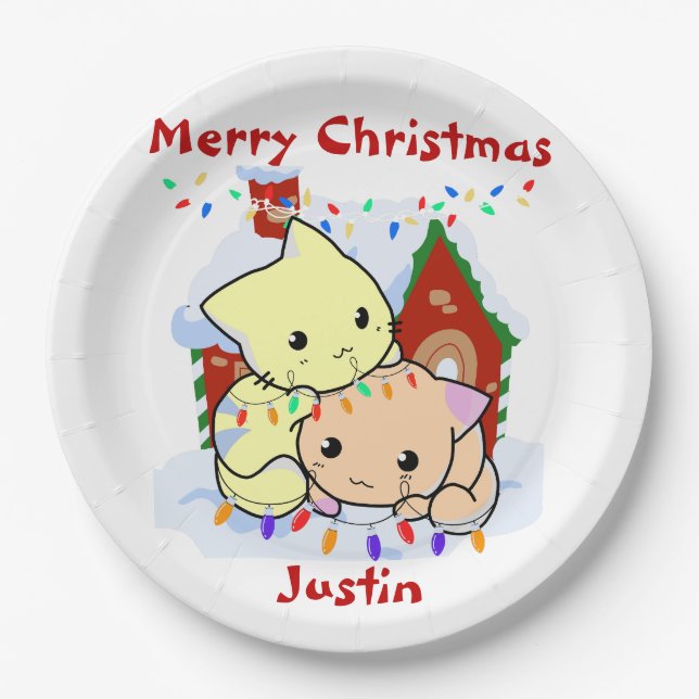 Plato De Papel Regalo de navidades de gatos, nombre personalizado (Anverso)