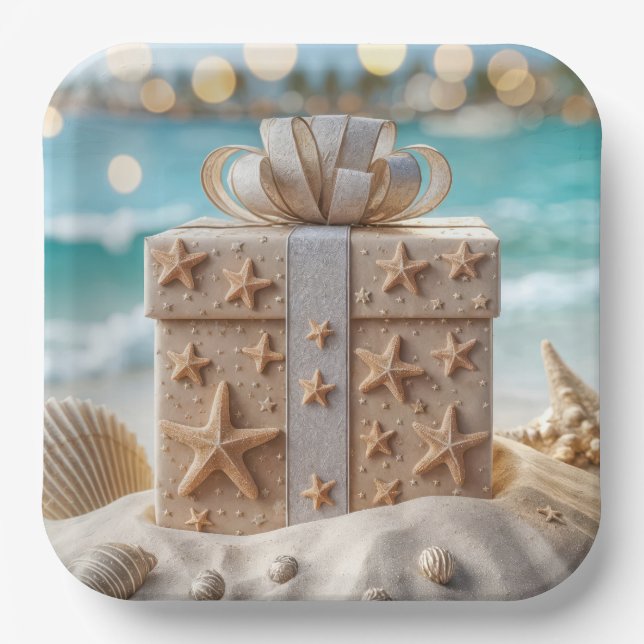Plato De Papel Regalo De Navidades De Playa Con Starfish (Anverso)