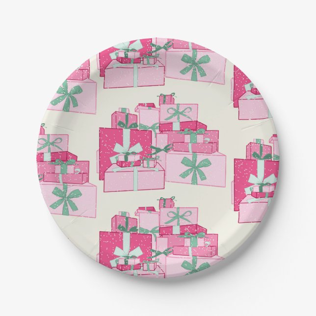 Plato De Papel Regalos de Navidad apilados rosa y verde (Anverso)
