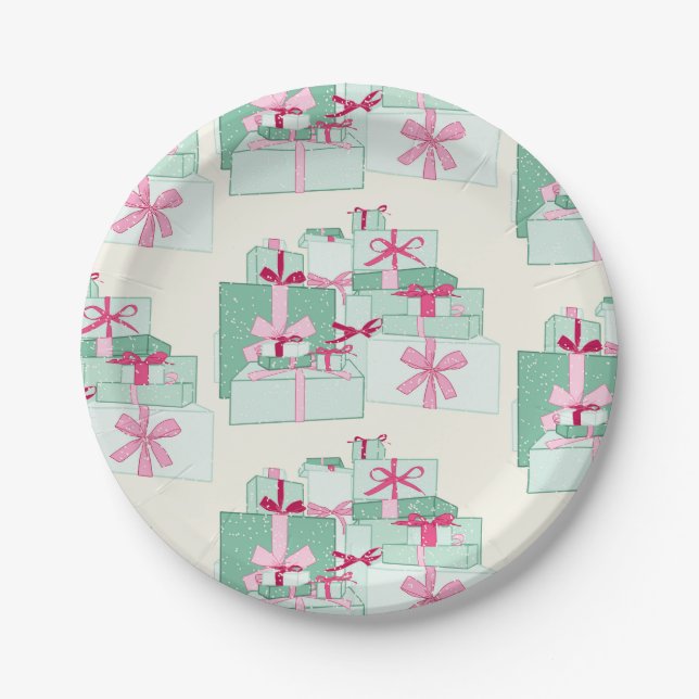 Plato De Papel Regalos de Navidad apilados verde y rosa (Anverso)