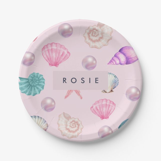 Plato De Papel Regalos personalizados con monograma de conchas ma (Anverso)