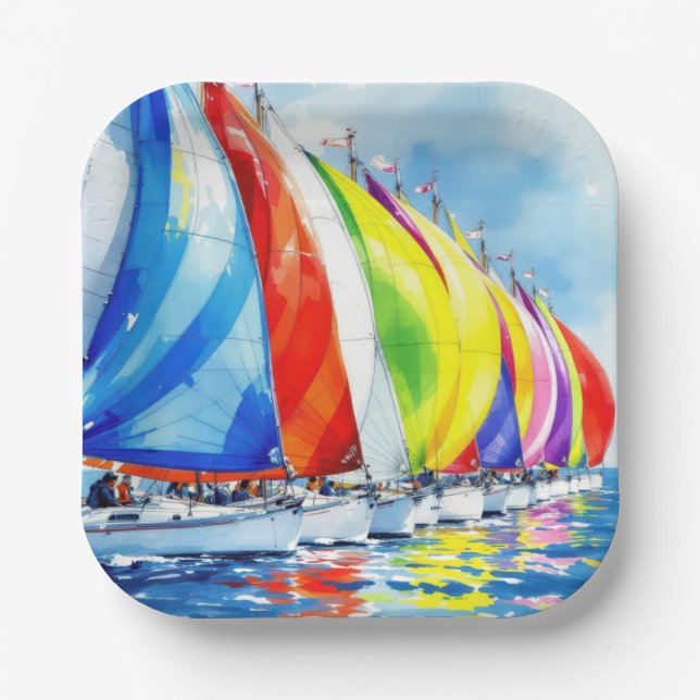 Plato De Papel Regata de veleros al aguarela (Anverso)