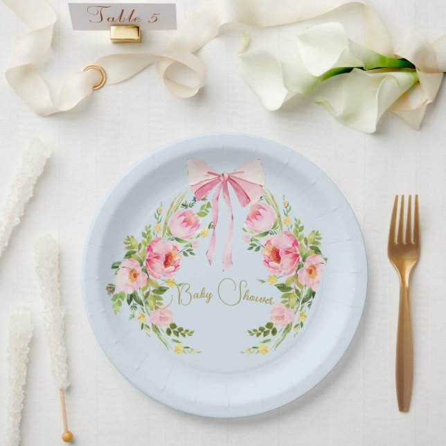 Plato De Papel Regencia de Escudo floral de Baby Shower Bow azul  (Boda)