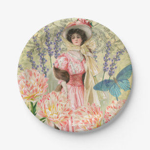 Plato De Papel Regencia de mujeres victorianas con flores rosadas