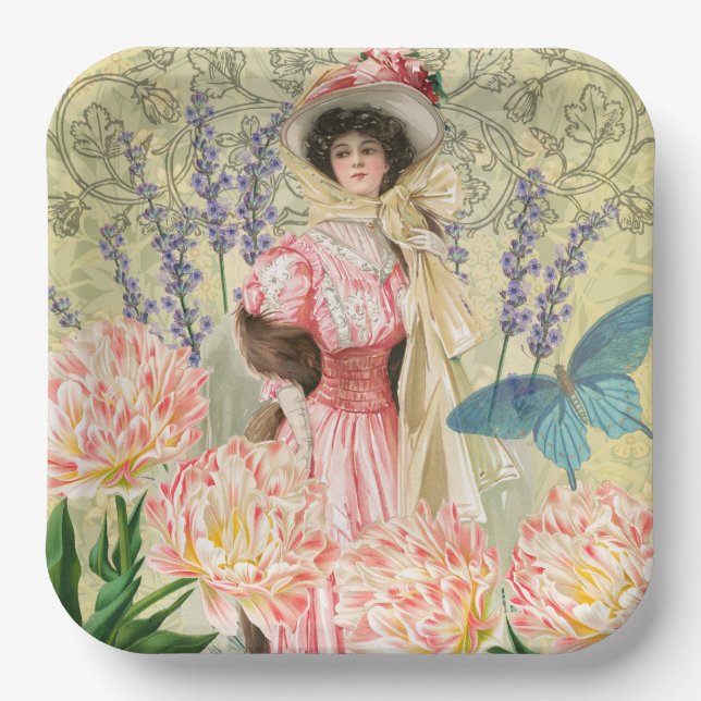 Plato De Papel Regencia de mujeres victorianas con flores rosadas (Anverso)