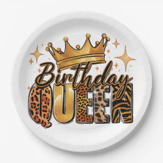Plato De Papel Reina de Cumpleaños con Leopardo de Corona Dorada