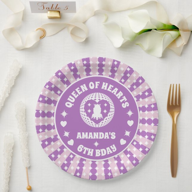 Plato De Papel Reina Púrpura Retro De Los Corazones Cumpleaños (Boda)