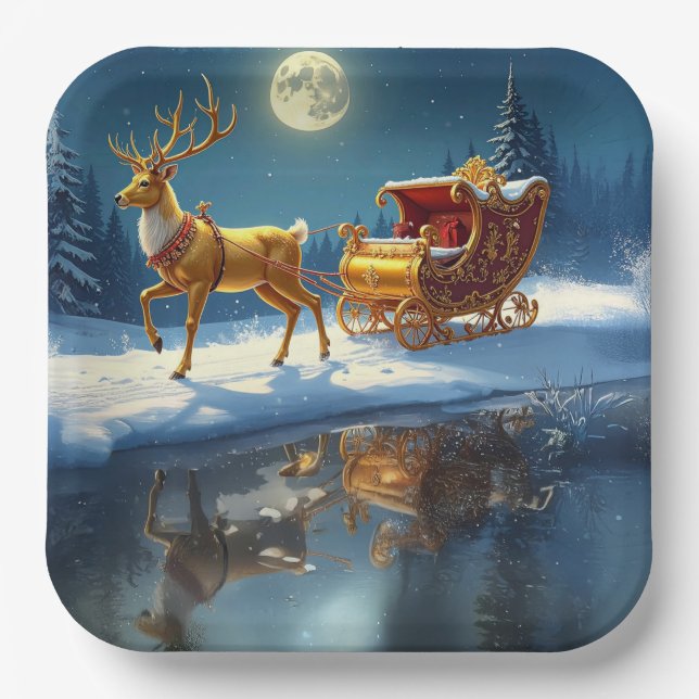Plato De Papel Reindeer Christmas Sleigh Holiday (Anverso)