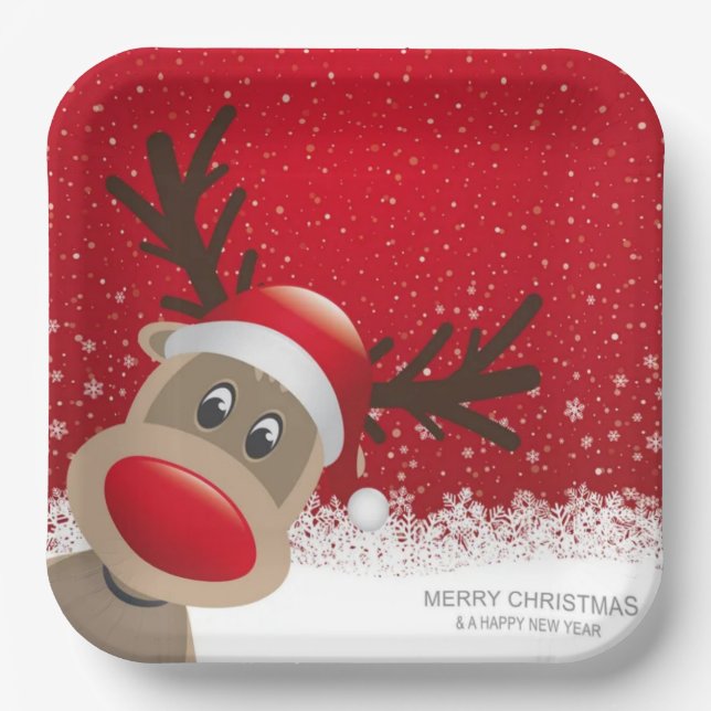 Plato De Papel Reindeer red hat snow snowflake (Anverso)
