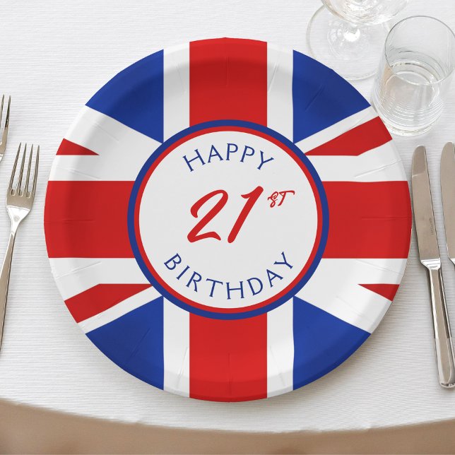 Plato De Papel Reino Unido Feliz cumpleaños británico (UK United kingdom flag happy 21st birthday paper plates)