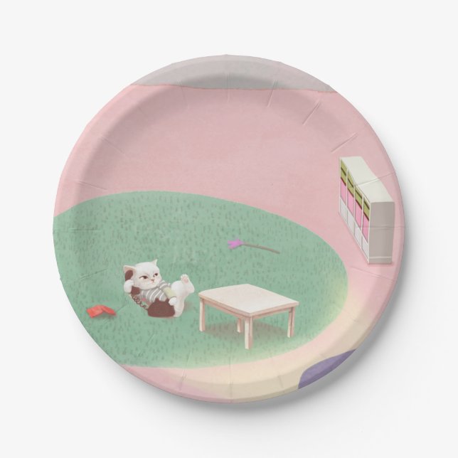 Plato De Papel Relajando el gatito en la sala de estar (Anverso)