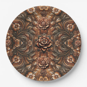 Plato De Papel Relieve Floral Vintage Cuero Falso con Aspecto Ele