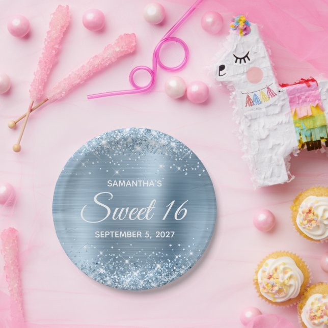 Plato De Papel Relieve metalizado azul claro Purpurinoso dulce 16 (Fiesta)