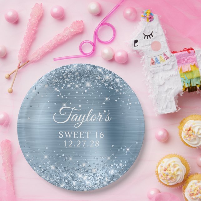 Plato De Papel Relieve metalizado azul claro Purpurinoso dulce 16 (Fiesta)