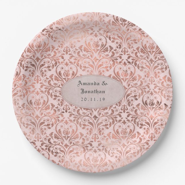Plato De Papel Relieve metalizado Damask Rosa Gold y Boda Rubor (Anverso)