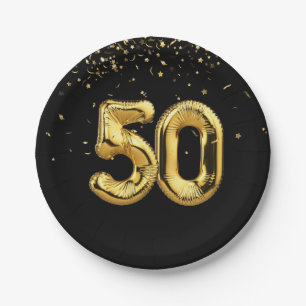 Plato De Papel Relieve metalizado dorado 50 Globos Y Placa De Pap