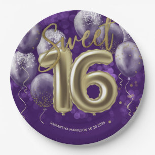 Plato De Papel Relieve metalizado dorado dulce 16 globos de cumpl