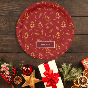 Plato De Papel Relieve metalizado dorado Navidad Patrón Árbol Fes