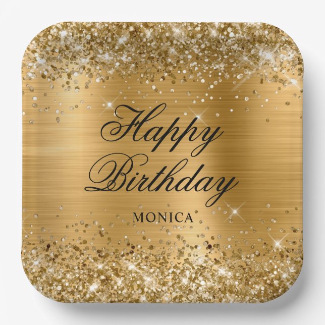 Plato De Papel Relieve metalizado dorado Purpurinoso Fancy Happy  (Anverso)