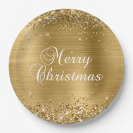 Plato De Papel Relieve metalizado dorado Purpurinoso Feliz Navida