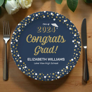Plato De Papel Relieve metalizado dorado Script Confetti Congrats