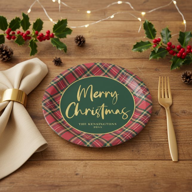 Plato De Papel Relieve metalizado dorado Script Feliz fiesta navi (Gold Foil Script Merry Christmas Holiday Party Paper Plates)