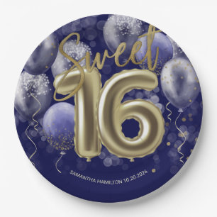 Plato De Papel Relieve metalizado dorado Sweet 16 Bday Balloons F
