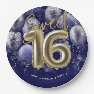Plato De Papel Relieve metalizado dorado Sweet 16 Bday Balloons F