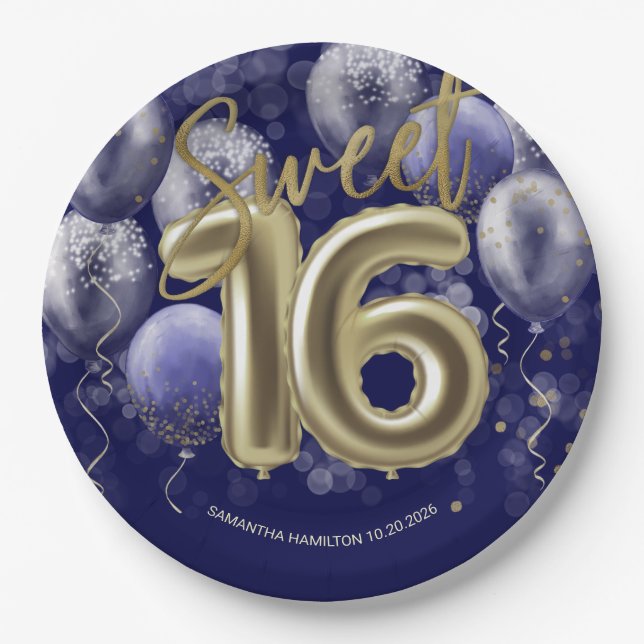 Plato De Papel Relieve metalizado dorado Sweet 16 Bday Balloons F (Anverso)