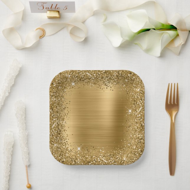 Plato De Papel Relieve metalizado dorado y Purpurina Girly Glam (Boda)