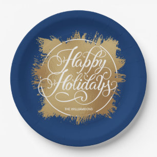 Plato De Papel Relieve metalizado Faux Gold Felices Fiestas Azul