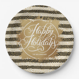 Plato De Papel Relieve metalizado Faux Gold Felices Fiestas Black