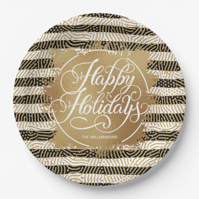 Plato De Papel Relieve metalizado Faux Gold Felices Fiestas Black (Anverso)