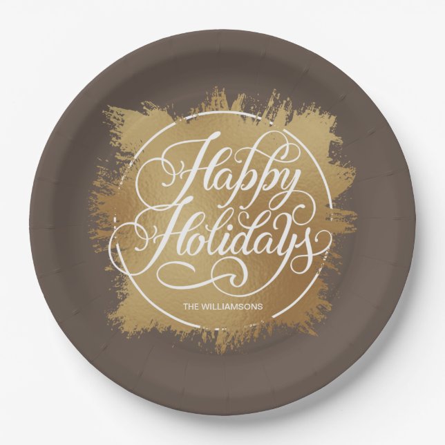 Plato De Papel Relieve metalizado Faux Gold Felices Fiestas Brown (Anverso)