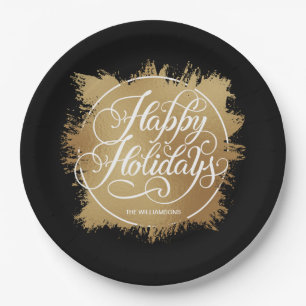 Plato De Papel Relieve metalizado Faux Gold Felices Fiestas Negro