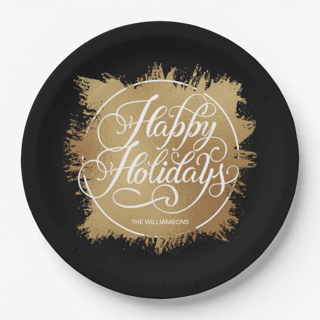 Plato De Papel Relieve metalizado Faux Gold Felices Fiestas Negro (Anverso)