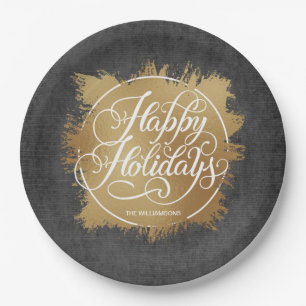 Plato De Papel Relieve metalizado Faux Gold Felices Fiestas Negro