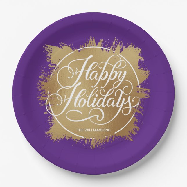 Plato De Papel Relieve metalizado Faux Gold Felices Fiestas Purpl (Anverso)